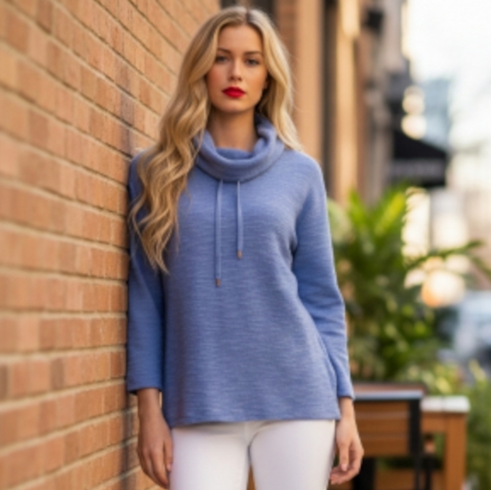 Jones New York | Blue knit Cowlneck Hi- low Top